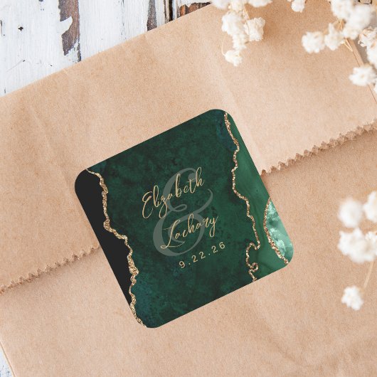 Sticker Carré Mariage écriture Agate Vert Emeraude Or