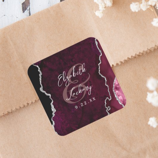 Sticker Carré Mariage écriture Bourgogne Agate argentée