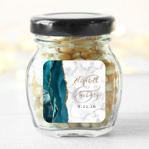 Sticker Carré Mariage écriture dorée bleu sarcelle Marbre Agate