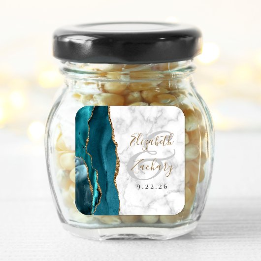 Sticker Carré Mariage écriture dorée bleu sarcelle Marbre Agate