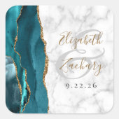 Sticker Carré Mariage écriture dorée bleu sarcelle Marbre Agate (Devant)