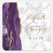 Sticker Carré Mariage écriture dorée violet marbre agate (Devant)