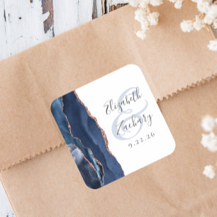 Sticker Carré Mariage écriture géode d'agate bleu marine or rose