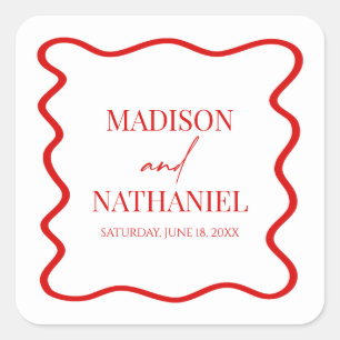 Sticker Carré Mariage Élégant à Bordure Ondulée Rouge et Blanc