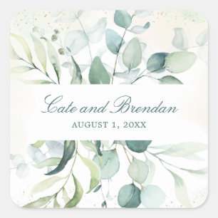Sticker Carré Mariage Élégant au Vert de Eucalyptus Bleu et Vert
