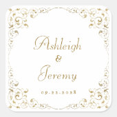 Sticker Carré Mariage Élégant avec Feuillage en Script Doré (Devant)