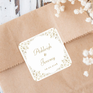 Sticker Carré Mariage Élégant avec Feuillage en Script Doré