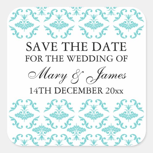 Sticker Carré Mariage Élégant Enregistrer La Date Bleu Damas (Devant)