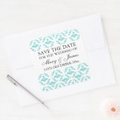 Sticker Carré Mariage Élégant Enregistrer La Date Bleu Damas (Enveloppe)