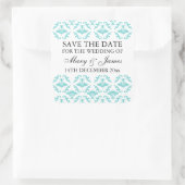 Sticker Carré Mariage Élégant Enregistrer La Date Bleu Damas (Sac)