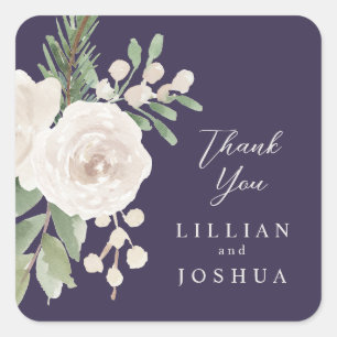 Sticker Carré Mariage élégant floral blanc hivernal violet