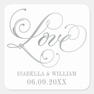 Sticker Carré Mariage élégant monogramme script amour argent