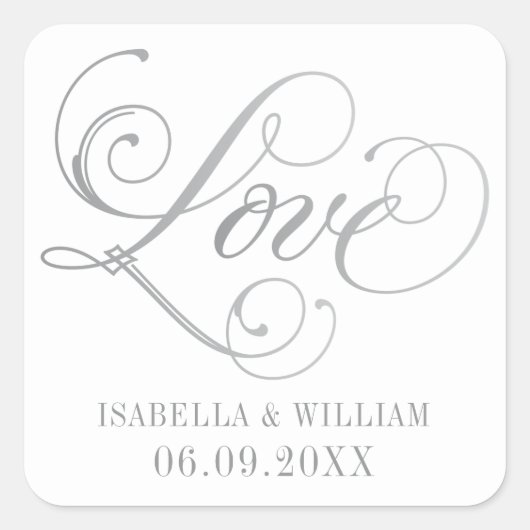 Sticker Carré Mariage élégant monogramme script amour argent (Devant)