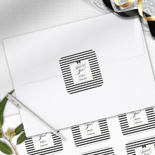 Sticker Carré Mariage Élégant Rayure Noir Blanc Cadre Doré