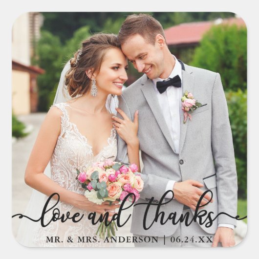 Sticker Carré Mariage Elegant Script Love and Thanks Photo (Devant)