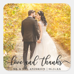 Sticker Carré Mariage Élégant Script Love et Merci Photo Blk