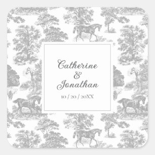 Sticker Carré Mariage Élégant Toile de Cheval Gris Blanc Vintage