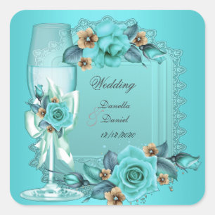 Sticker Carré Mariage élégant Turquoise Bleu Beige Rose Fleurs