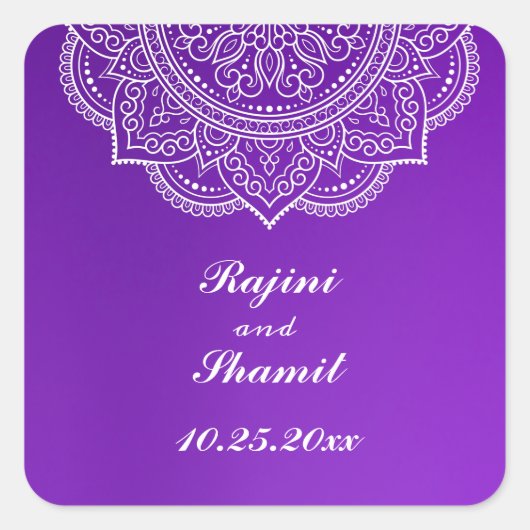 Sticker Carré Mariage Elégant violet blanc indien Paisley (Devant)