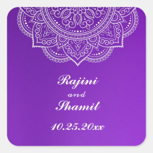 Sticker Carré Mariage Elégant violet blanc indien Paisley