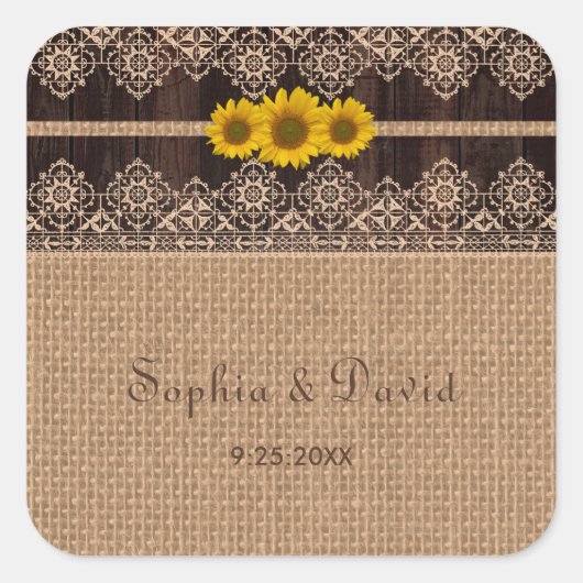 Sticker Carré Mariage en bois de dentelle rustique (Devant)