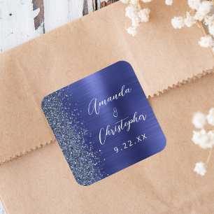 Sticker Carré Mariage en écriture métallisée bleue marine paille