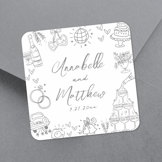 Sticker Carré Mariage Fantaisiste Gris Dessiné à la Main de Mani