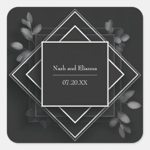 Sticker Carré Mariage Feuillage Géométrique Noir Blanc
