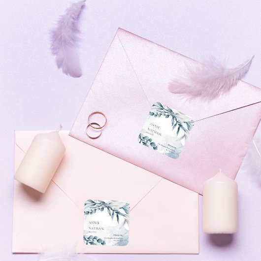 Sticker Carré Mariage Feuille Dusty Blue Eucalyptus Merci