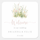 Sticker Carré Mariage Fleur sauvage Boho vert Bienvenue (Devant)
