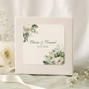 Sticker Carré Mariage Fleurs Bohème Vert Sauge et Ivoire