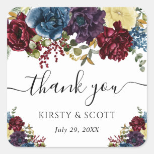 Sticker Carré Mariage Fleurs d'Hiver Rouge et Bleu