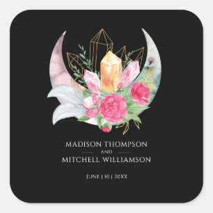 Sticker Carré Mariage Fleurs Roses Cristaux Lune Boho