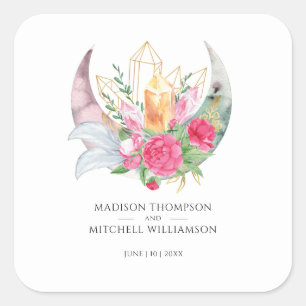 Sticker Carré Mariage Fleurs Roses Cristaux Lune Boho