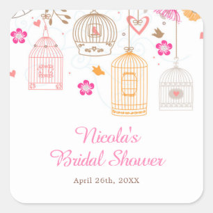 Sticker Carré Mariage Fleurs Roses et Oranges Cages à Oiseaux Sh