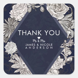 Sticker Carré Mariage Fleurs Vintage Diamant Moderne Bleu Marine