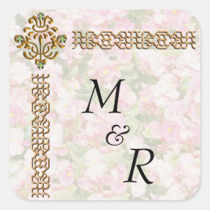 Sticker Carré Mariage Floral à bijoux d'or Monogrammé