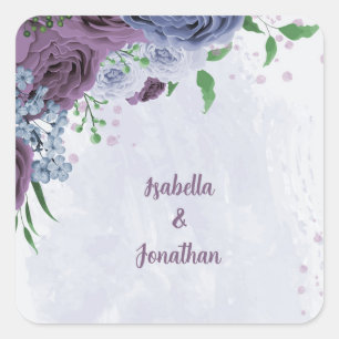 Sticker Carré Mariage floral bleu pourpre et poussiéreux