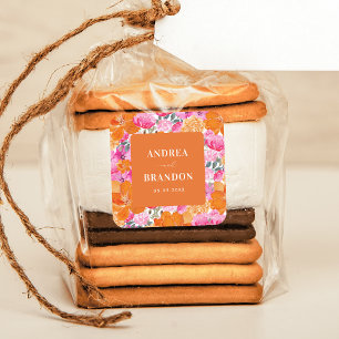 Sticker Carré Mariage floral d'été rose et orange