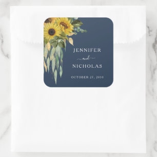Sticker Carré Mariage Floral Élégant Tournesol Bleu Marine
