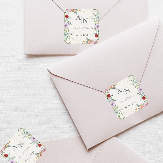 Sticker Carré Mariage Floral Fleur sauvage de monogramme