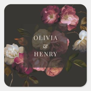 Sticker Carré Mariage Floral Maussade Noir Burgundy Romantique