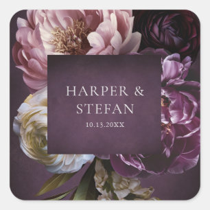 Sticker Carré Mariage Floral Pourpre Maximaliste Élégant