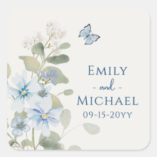 Sticker Carré Mariage floral romantique bleu Dusty
