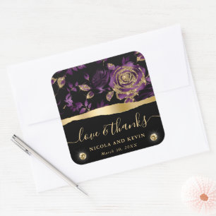 Sticker Carré Mariage floral rose pailleté élégant violet et or