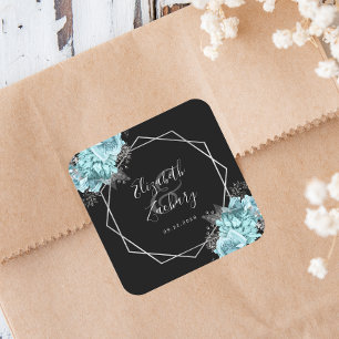 Sticker Carré Mariage Géométrique Argent Floral Aqua Noir