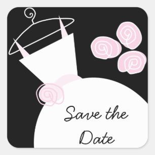 Sticker Carré Mariage Gown rose 'Save the Date' carré noir