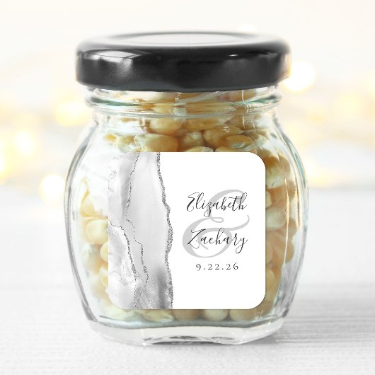 Sticker Carré Mariage Gris Argent Script Géode d'Agate