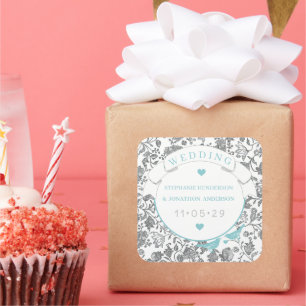 Sticker Carré Mariage Inséparable Aqua Grey Floral Pattern bleu