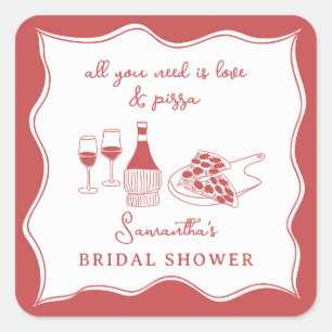 Sticker Carré Mariage Italien Pizza Vin Dessinée à la Main Rouge